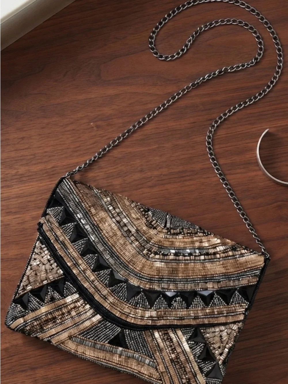 Embellished Beaded Black and Tan Envelope Clutch